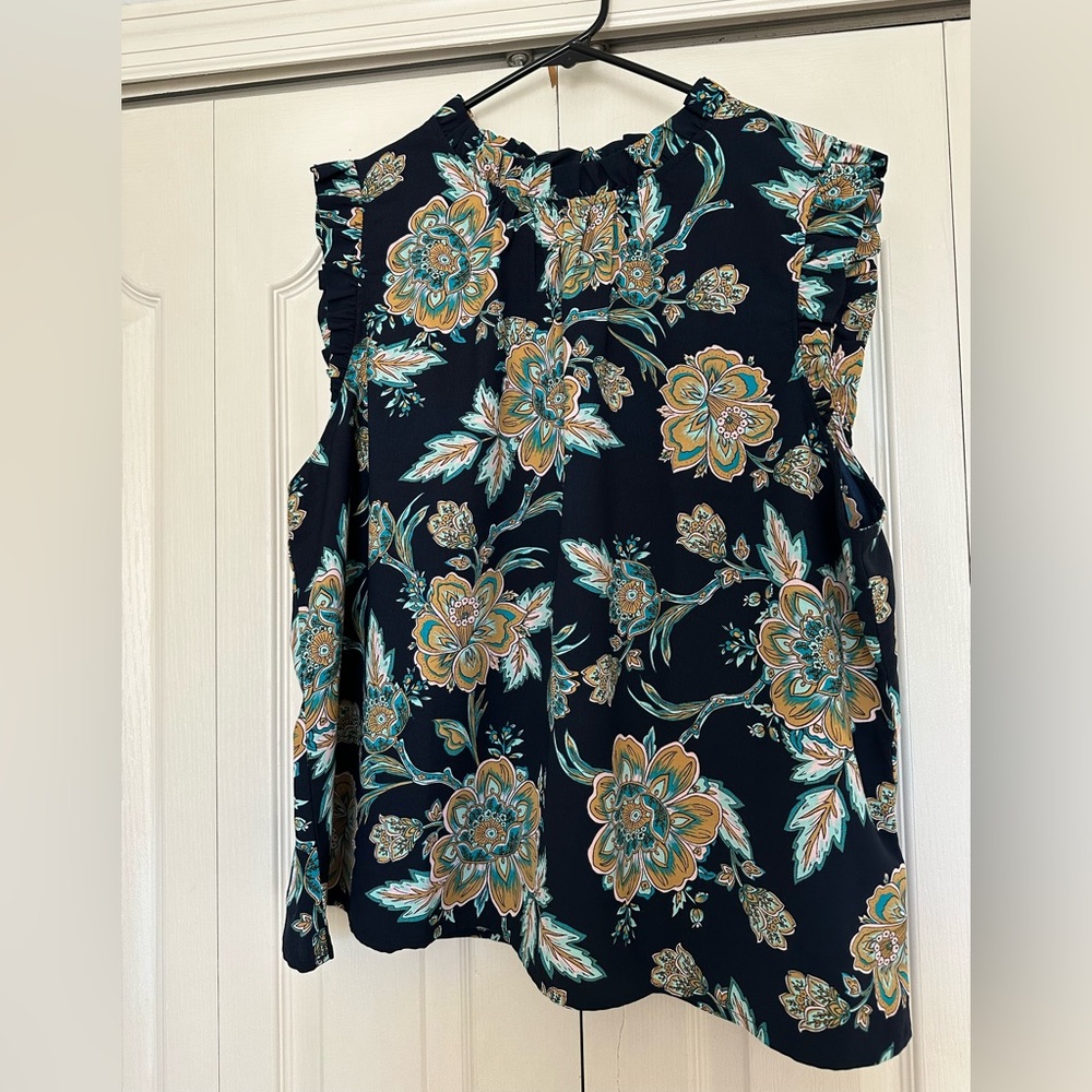 J. Crew Navy Floral Ruffle Blouse